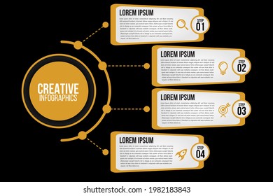 Infografía 4 opciones o pasos de elementos de círculo gráfico plantilla negra.Resumen de gráficos, opciones de diagrama, partes o procesos.Negocio vectorial para presentación.Concepto creativo para datos.