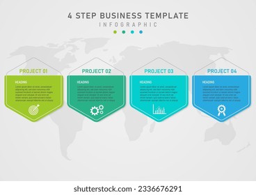 Infographics 4 Projects Business Multi-colored Hexagons with gray hexagon outline The top has colored letters. below the white icon in the middle there is a letter map below gray gradient background