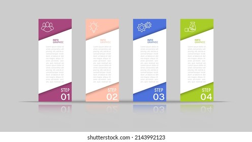 Infografía. 4 etapas para lograr el resultado. Etapas de desarrollo, desarrollo, capacitación, comercialización, planificación o capacitación. Estrategia de negocio con iconos visuales.