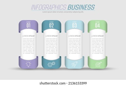 Infografía. 4 etapas de desarrollo, marketing, flujo de trabajo o plan. Estrategia de negocio con iconos. Diagrama de informes y estadísticas.