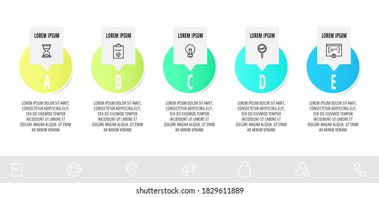 Infographics with 5 circles and labels. Abstract vector template. Can be used for five banner, workflow layout, flowchart, info graph, timeline, levels, chart, processes diagram. Data visualization