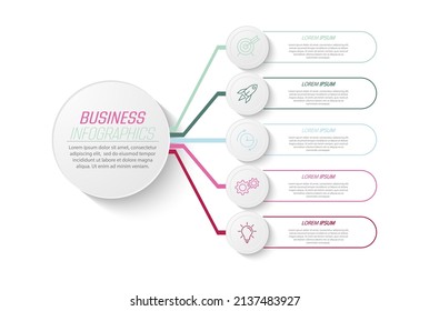 Infografiken 5 Schritt. Visualisierung von Geschäftsdaten, Projekten, Schulungen, Entwicklungsplänen und Strategien. Piktogramme von Prozessen. 