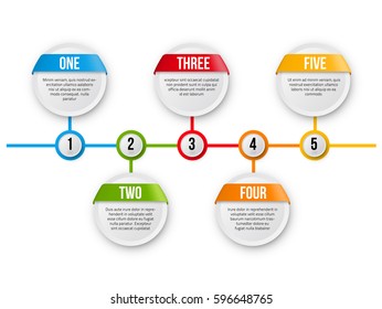 Infographics with 5 steps circle rounds for years or options, colorful bright design, vector template