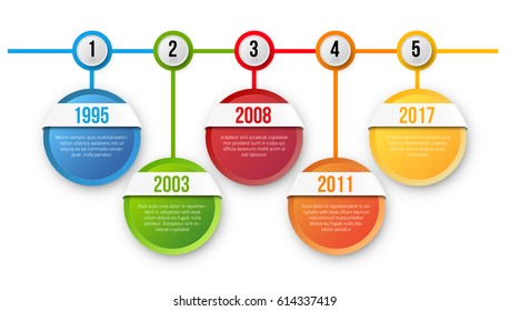 Infographics with 5 steps circle rounds for years or options, colorful bright design, vector template