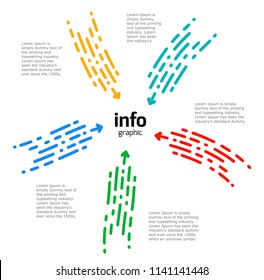Infographics in 5 steps. Large Dotted arrows, red, yellow, blue and green, fly to the center. Vector illustration