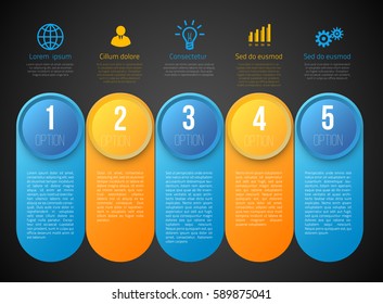 Infographics with 5 steps milestone, colorful blue and yellow bright design, vector template on black bacgkround