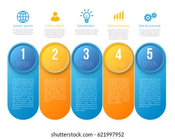Infographics with 5 steps milestone, colorful blue and yellow bright design, vector template