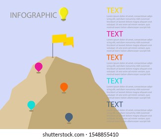 INFOGRAPHICS 5 steps or timeline for your business design. There are steps on high mountain with yellow on the top of mountain.