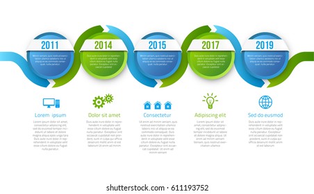 Infographics with 5 steps years or options, blue green calm corporate design, vector template