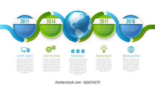 Infographics with 5 steps years or options with globe in center, blue green calm corporate design, vector template