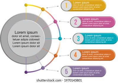 Infographics 5 tabs multi-color fill round corners and a round center tab on the left