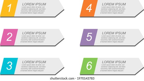 Infographics 6 arrow tabs to right multi-color fill