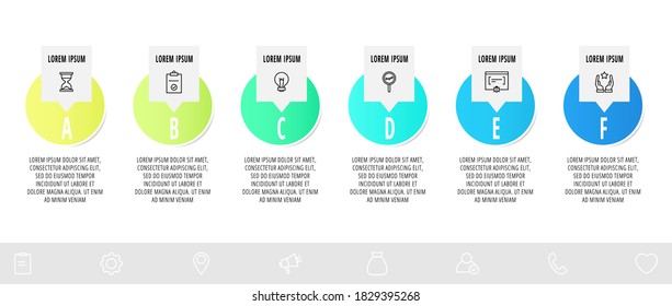 Infographics with 6 circles and labels. Abstract vector template. Can be used for six diagrams, business, web, banner, presentations, flowchart, info graph, timeline, content, levels, chart