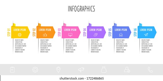 Infographics with 6 elements and arrows. Vector concept of six business options to choose from. Modern design for flowchart, timeline, web, graph, presentation