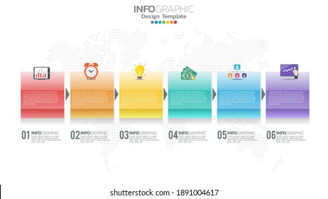 Infographics with 6 options of 3d cubes and icons of charts and setting