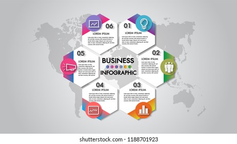 Infographics 6 steps business vector illustration organization chart with icon. Template for brochure, business, web design, hexagons. Vector template space for text edit.	
