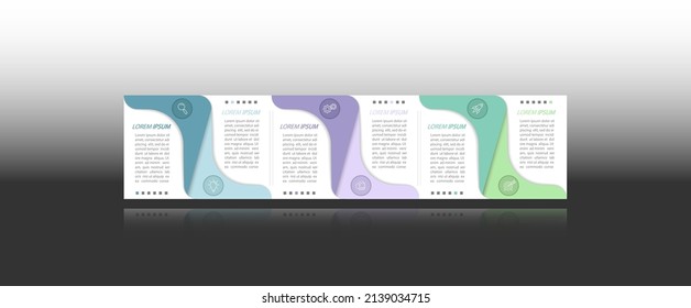 Infografía. 6 pasos de desarrollo, marketing, flujo de trabajo o plan. Estrategia de negocio con iconos. Diagrama de informes y estadísticas.