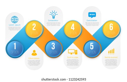 Infographics with 6 steps or options, colorful blue and yellow bright design, vector template