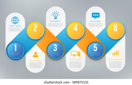 Infographics with 6 steps or options, colorful blue and yellow bright design, vector template