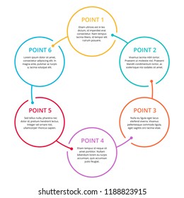 Infographics with 6 steps (points) in colorful rounded outline, sample text in circular form - vector template