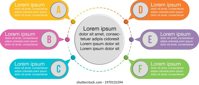 Infographics 6 tabs multi-color fill round corners and a round center tab dotted outline color pins - presentation