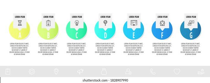 Infographics with 7 circles and labels. Abstract vector template. Can be used for seven business, web, banner, workflow layout, presentations, flowchart, content, levels, chart. Data visualization.