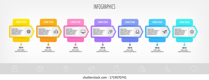 Infographics with 7 elements with arrows. Vector concept of seven business options to choose from. Modern design for flowchart, timeline, web, graph, presentation