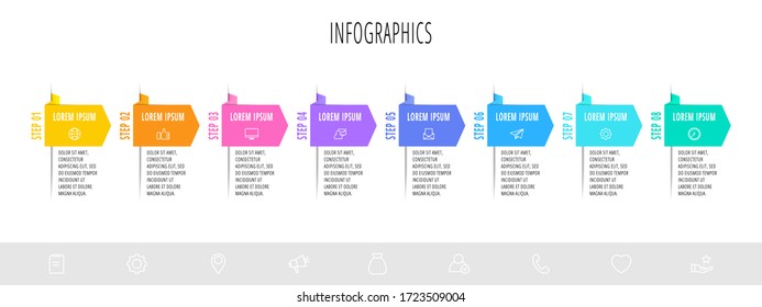 Infographics with 8 elements and arrows. Vector concept of eight business options to choose from. Modern design for flowchart, timeline, web, graph, presentation