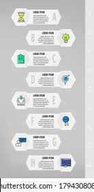 Infografía con 8 hexagones, flechas. Plantilla vectorial moderna. Se puede utilizar para ocho diagramas, web, banner, gráfico de información, línea de tiempo, contenido, niveles, gráfico, diagrama de procesos. Visualización de datos
