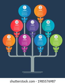 Infographics with 9 options, research in science and technology. Tree or Timeline of trends. Business concept with nine parts, steps or points. Development and growth of the business.
