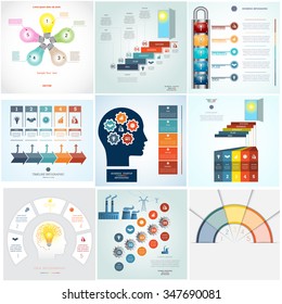 Infographics 9 vector templates conceptual cyclic processes, five positions for text area, possible to use for workflow, banner, diagram, web design, timeline, area chart