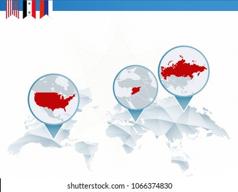 Infographics about the conflict between United States of America, Syria and Russia, three countries on world map.