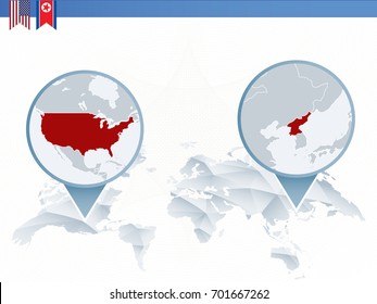 Infographics about the conflict between United States of America and North Korea, two countries on world map. 