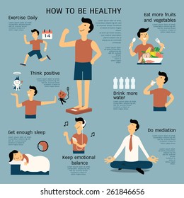 Infographics about how to be healthy, flat design, cartoon character in simple design. 