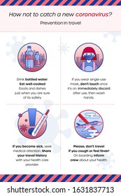 Infographics about prevention China coronavirus in travel. Precautionary measures for tourists. How not to catch 2019-nCoV virus in business trip