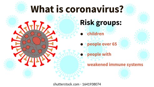 Infographics about risk groups for coronavirus infection. Risk groups - children, people over 65, with weakened immune systems. Coronavirus cell close-up. Multiplied dangerous cells. Medical theme