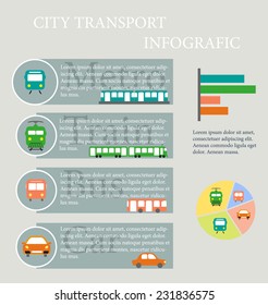 Infographics about the use of different types of public transport - trains, subways, buses and cars. Vector illustration in flat style.