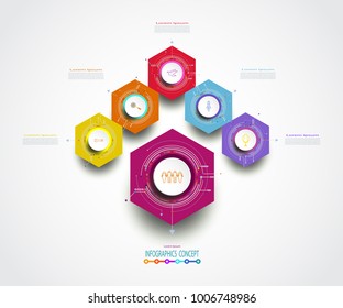 Infographics abstract template hexagon 5 option or step,Business concept. Blank space for content, business, infographic, diagram, process ,template, timeline, digital network, flowchart, info,Vector