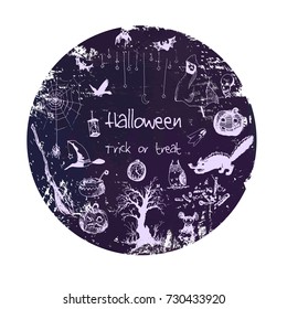Infographics advertising banner poster, flyer, design menu template. Round shape. Happy Halloween. Light violet objects, dark purple watercolor background.