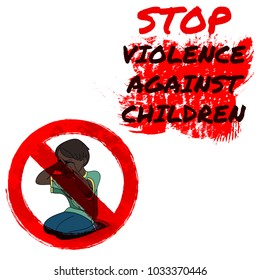 Infographics advertising banner poster menu template. Stop violence against children. Red paint design illustration. Sitting dark skinned boy crying, stop sign, simbol. Colored image, white background