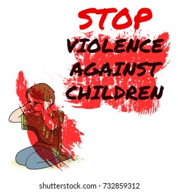 Infographics advertising banner poster menu template. Stop violence against children. Red paint design illustration. Sitting boy crying. Colored image, white background.