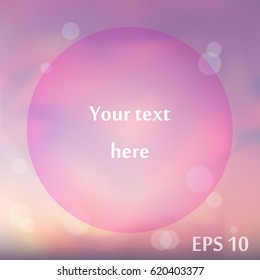 Infographics advertising banner template. Blurred pink sky background, round frame. Vector