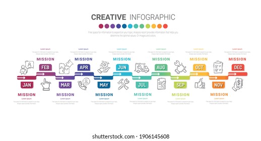 Infographics all month planner design and Presentation business can be used for Business concept with 12 options, steps or processes. 