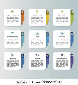 Infographics with Amusment Park theme icons, 10 steps. Such as focus, chain carousel, ferris wheel, bumper car and more.