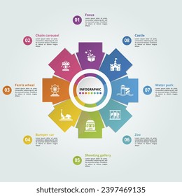 Infographics with Amusment Park theme icons, 10 steps. Such as focus, chain carousel, ferris wheel, bumper car and more.