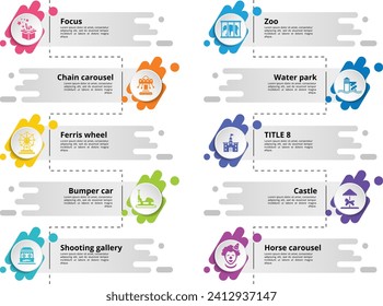 Infographics with Amusment Park theme icons, 10 steps. Such as focus, chain carousel, ferris wheel, bumper car and more.