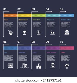 Infographics with Amusment Park theme icons, 10 steps. Such as focus, chain carousel, ferris wheel, bumper car and more.