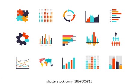 Infographics analysis chart. Modern presentation diagram objects, analytics workflow visualization, timeline and flowchart elements collection, structure progress and process icons vector isolated set