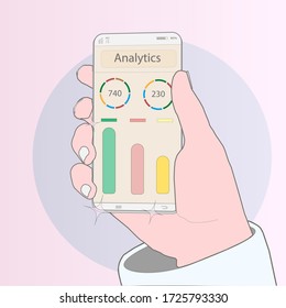 Infographics, analytics - work with data in a mobile application using a smartphone. Vector graphics.