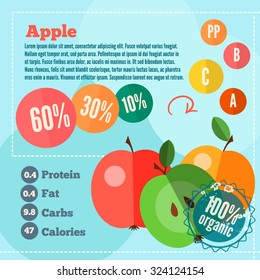 Infographics apple and vitamins in flat style. Vector illustration for shops, market place and food banners.